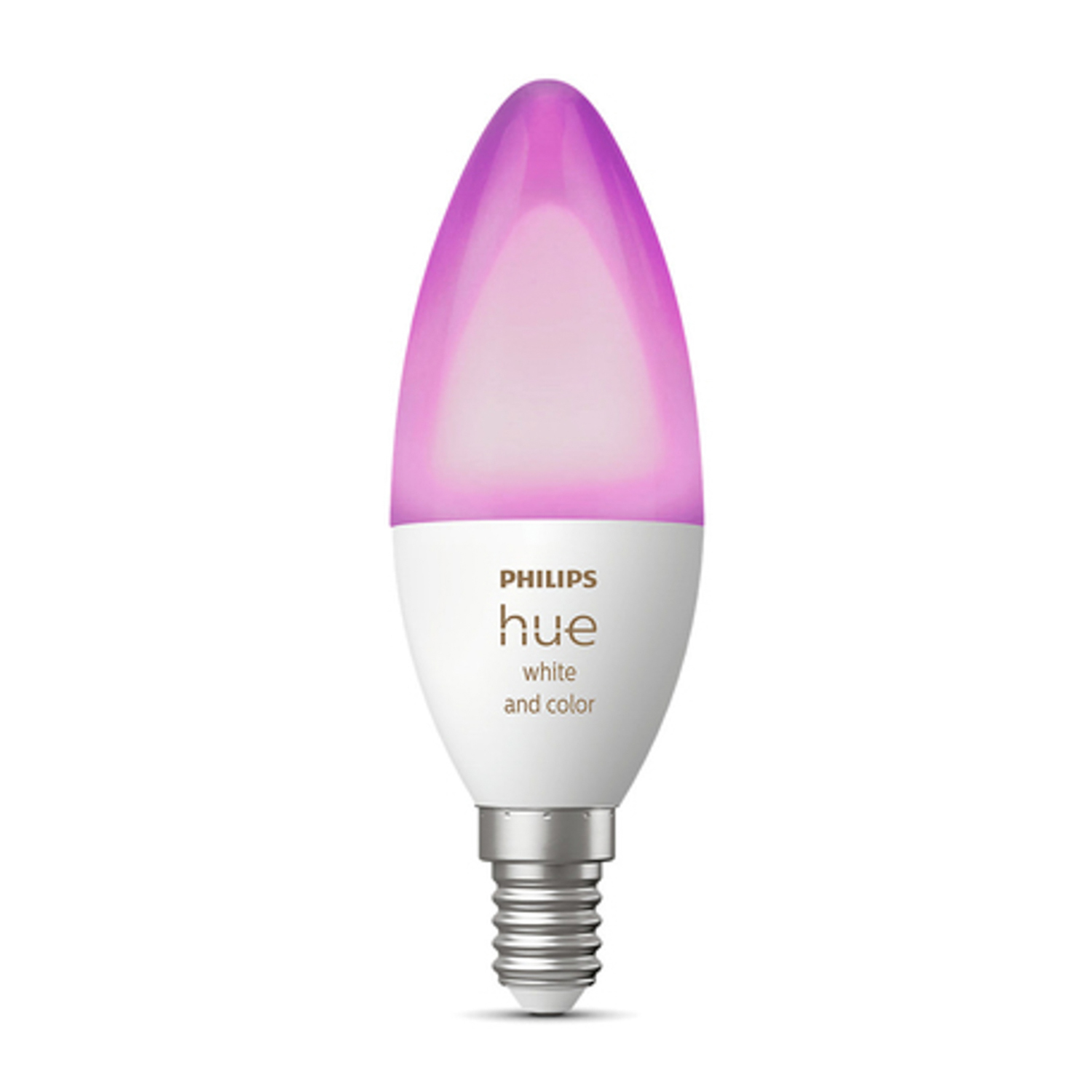 Lampadina intelligente Philips Hue, base bianca con bagliore rosa-viola.