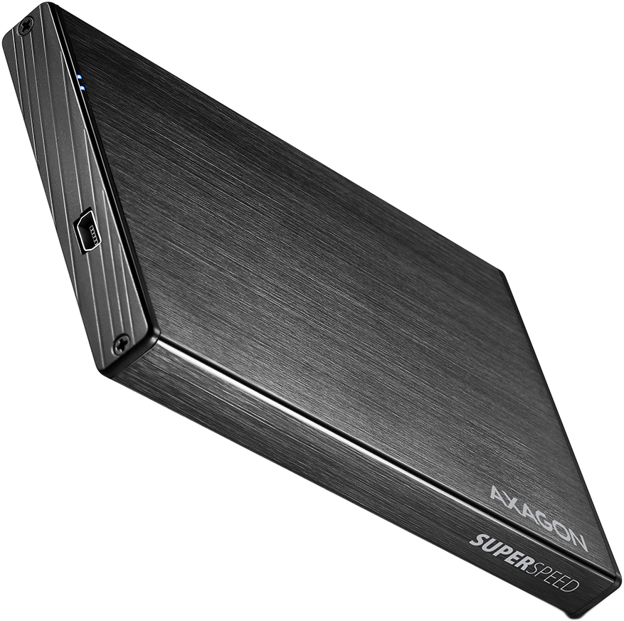 Fekete külső merevlemez, 'AXAGON SUPER SPEED' felirattal. Vékony, modern design. Szögletes nézet.