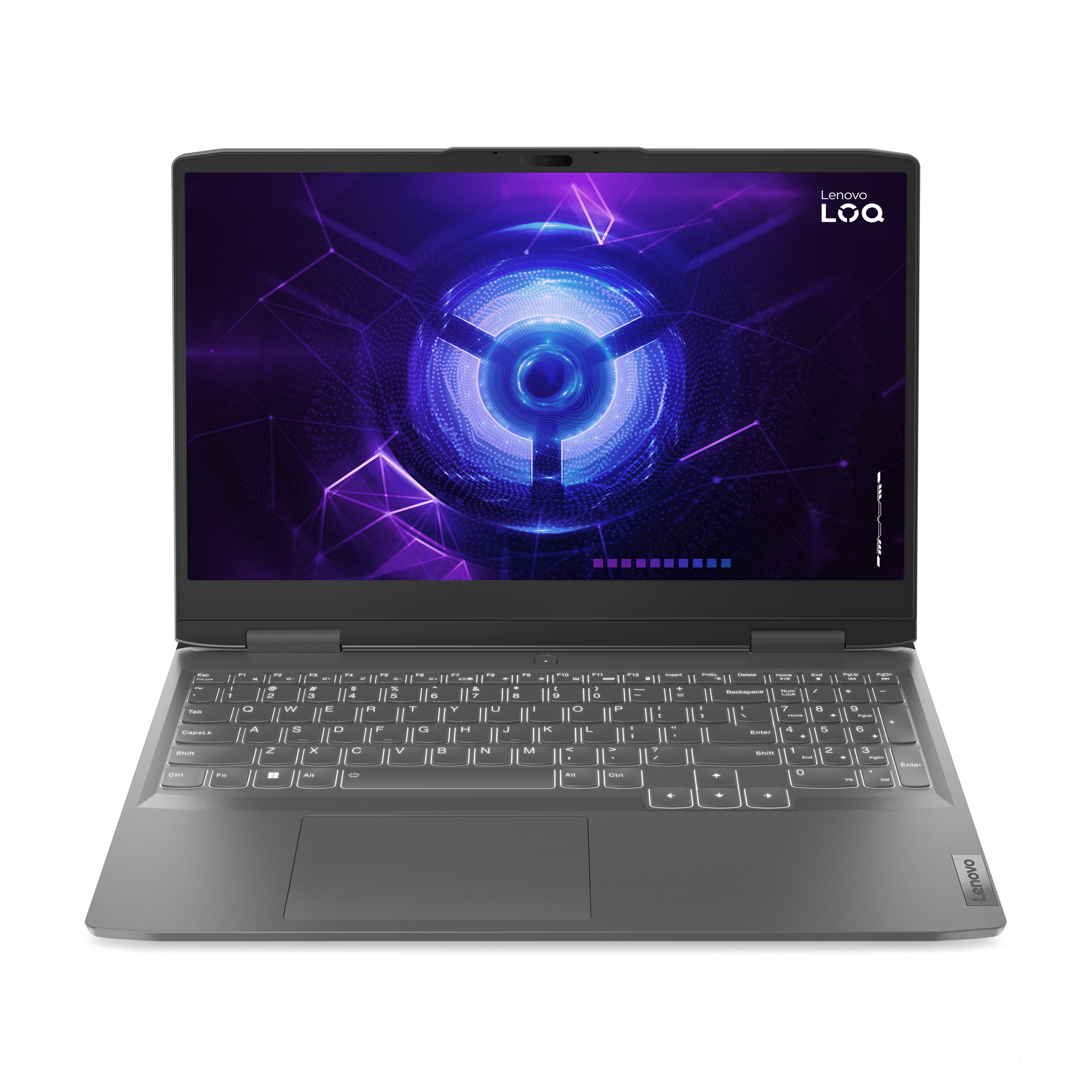 Un portátil Lenovo LOQ plateado sobre una superficie negra, mostrando un gráfico azul y morado en la pantalla.