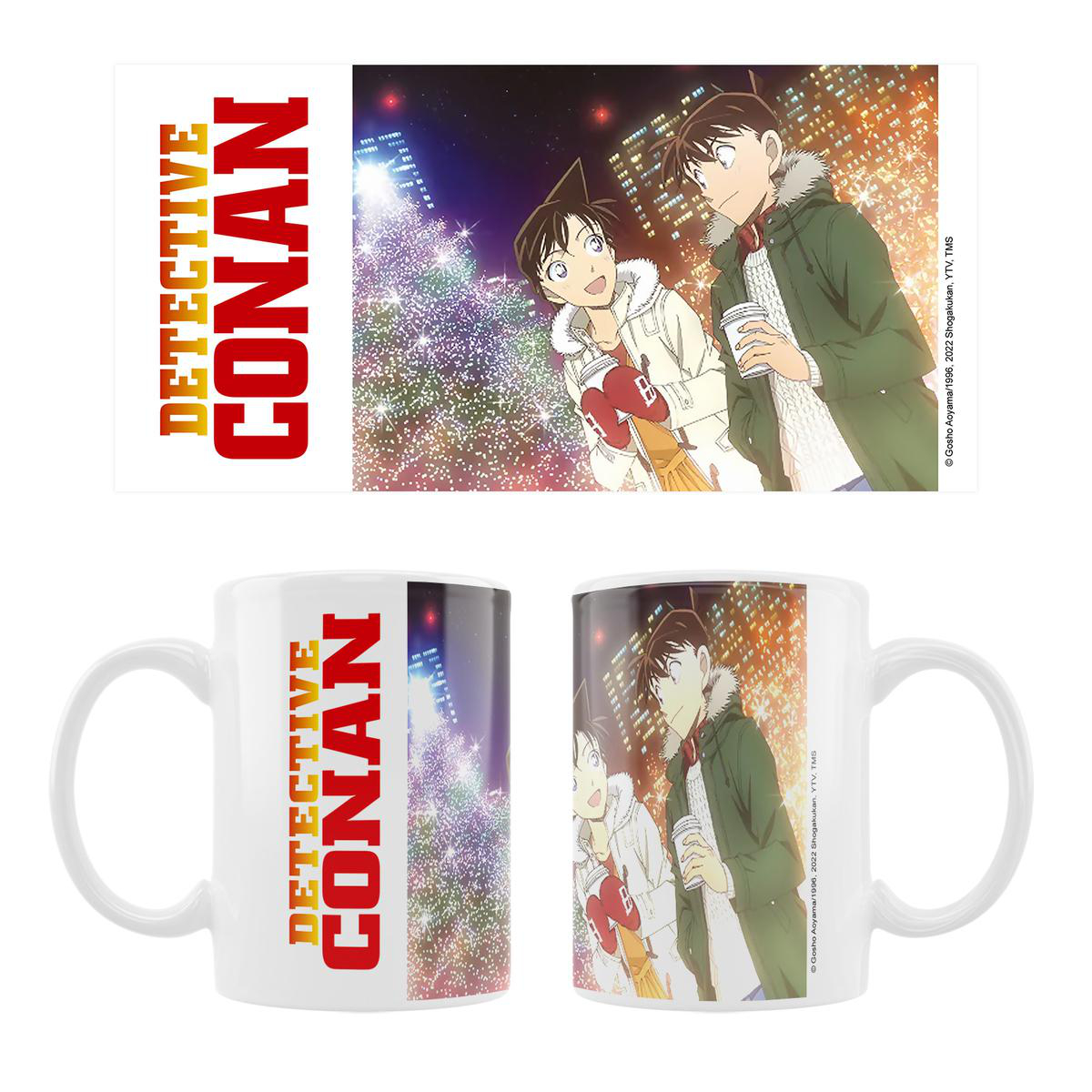 Zwei Detective Conan-Tassen und ein kleines Poster. Die Tassen zeigen die Charaktere mit Winterhintergrund.