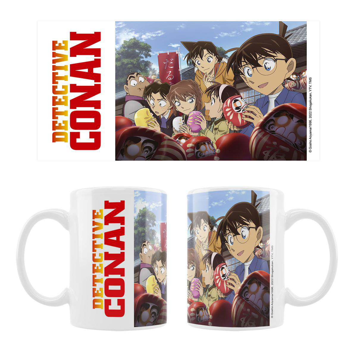 Detective Conan Tasse und Karte. Bild von Detective Conan-Charakteren und einer japanischen Szene. Weißer Hintergrund.