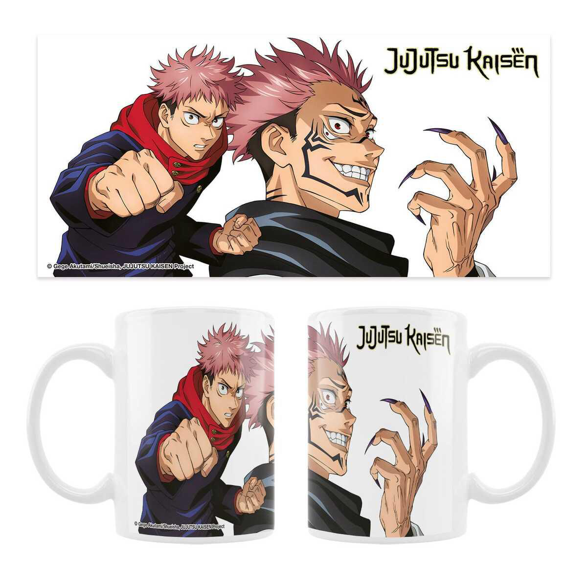 Jujutsu Kaisen-Merchandise: ein Poster und eine Tasse mit stilisierten Charakteren.
