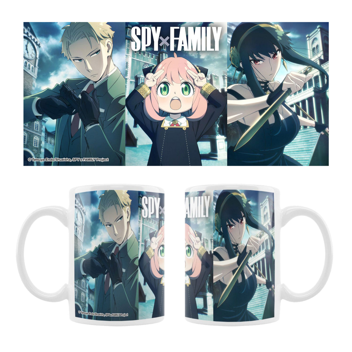 Spy x Family Tasse und Banner. Tasse hat Charaktere und Logo. Banner zeigt die Familie. Helle Farben.