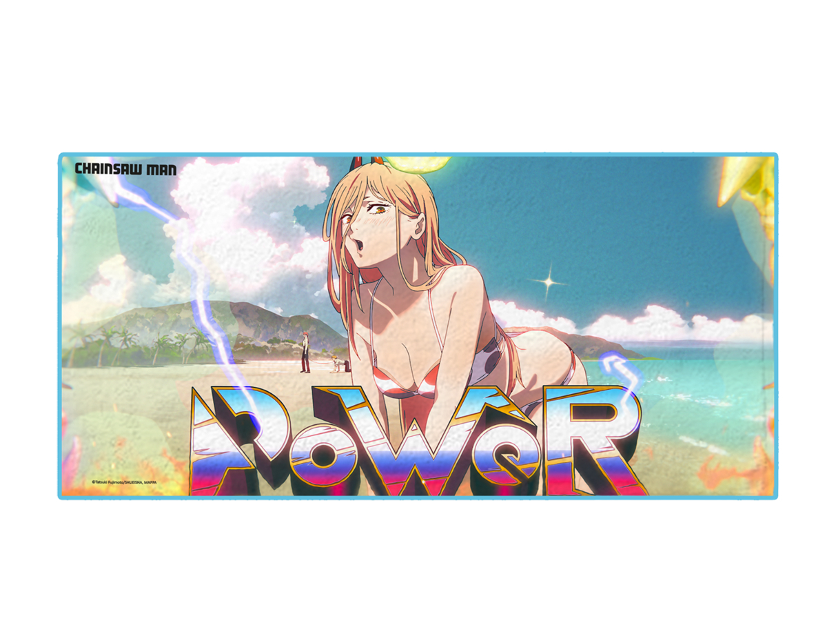 Anime-Artwork einer Frau am Strand, 'POWER' in großen Buchstaben und blauer Blitz.