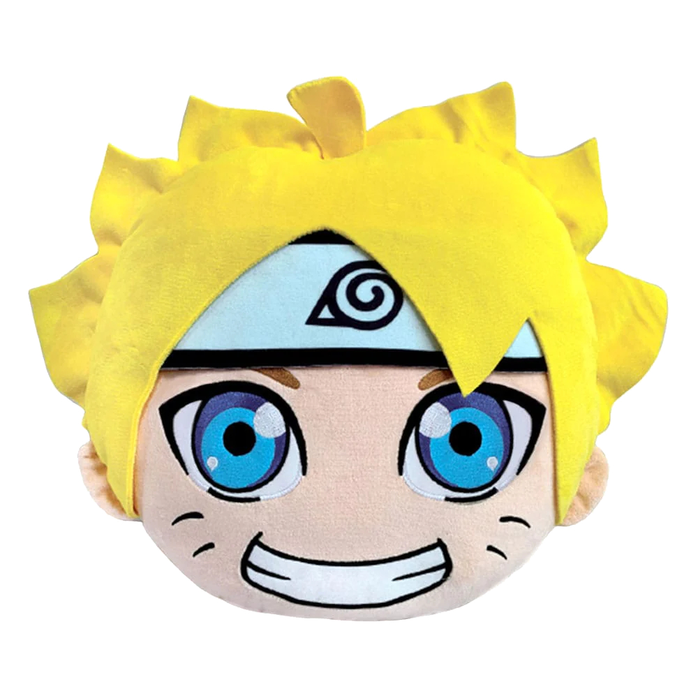 Plüschtier von Anime-Charakter Narutos Gesicht. Gelbe Haare, blaue Augen und ein fröhlicher Ausdruck.