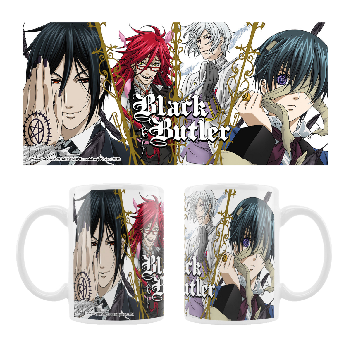 Black Butler Tasse und Banner mit Anime-Charakteren. Mehrere Figuren.