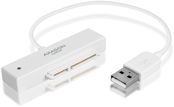 Fehér AXAGON SLIMport adapter USB kábellel, SATA meghajtó csatlakoztatásához.