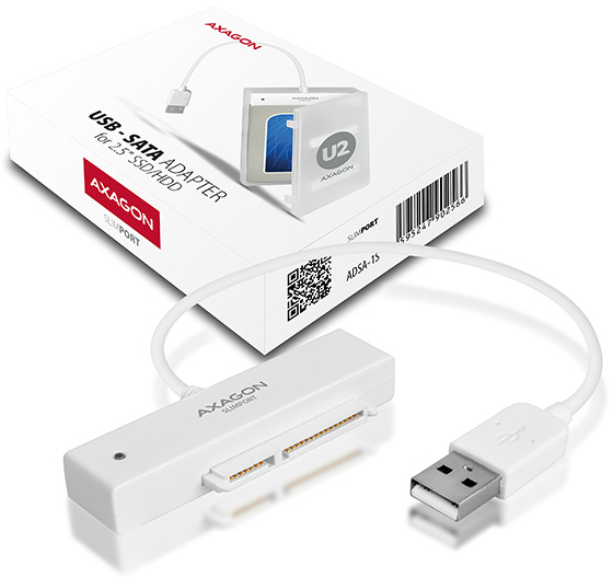 Fehér Axagon USB-SATA adapter készlet 2,5" SSD/HDD-hez, adapterrel és USB kábellel.