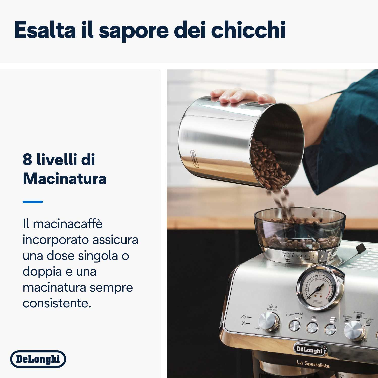 Una persona versa chicchi di caffè nel macinino di una macchina da caffè.