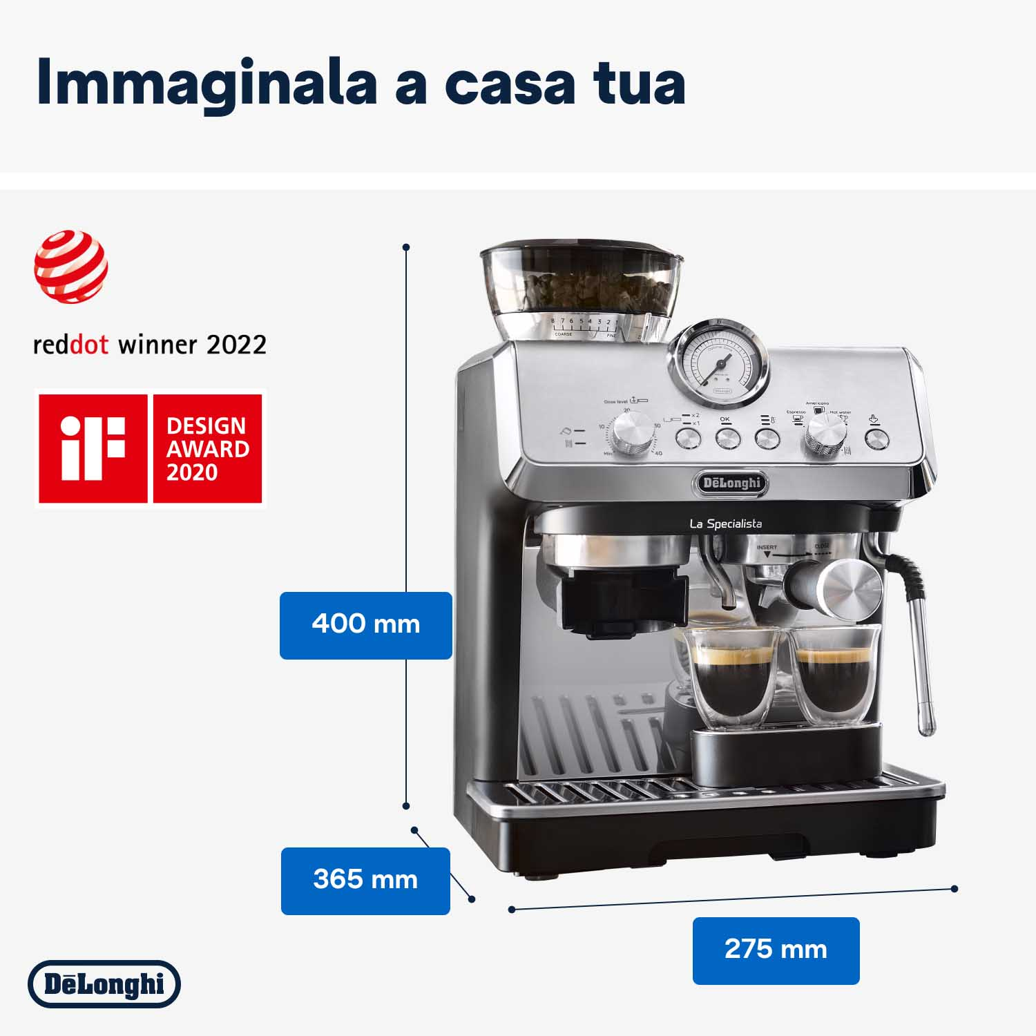 Macchina per caffè espresso DeLonghi argento e nera con due tazze di caffè. Premi Red Dot e iF Design.