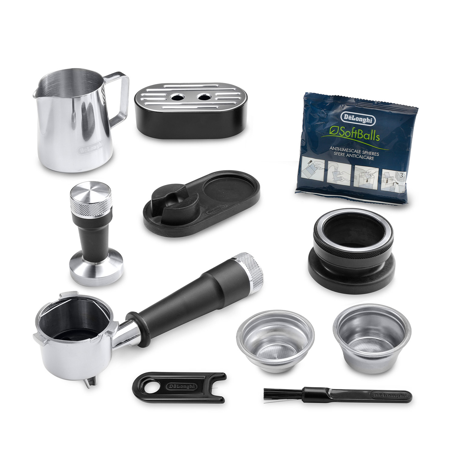 Accessori per macchina da caffè espresso: portafiltro, pressino e altro.