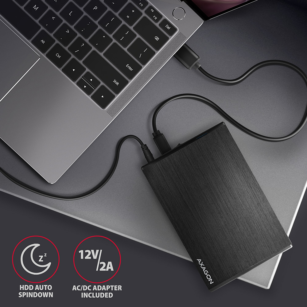 Laptop merevlemezzel. Szöveg: HDD auto spindown, AC/DC adapter.