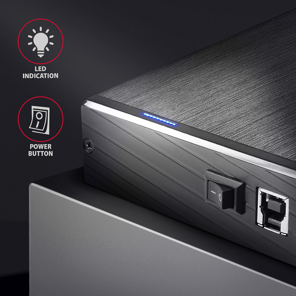 Egy eszköz bekapcsológombbal, lámpával és USB-porttal. Két ikon van.