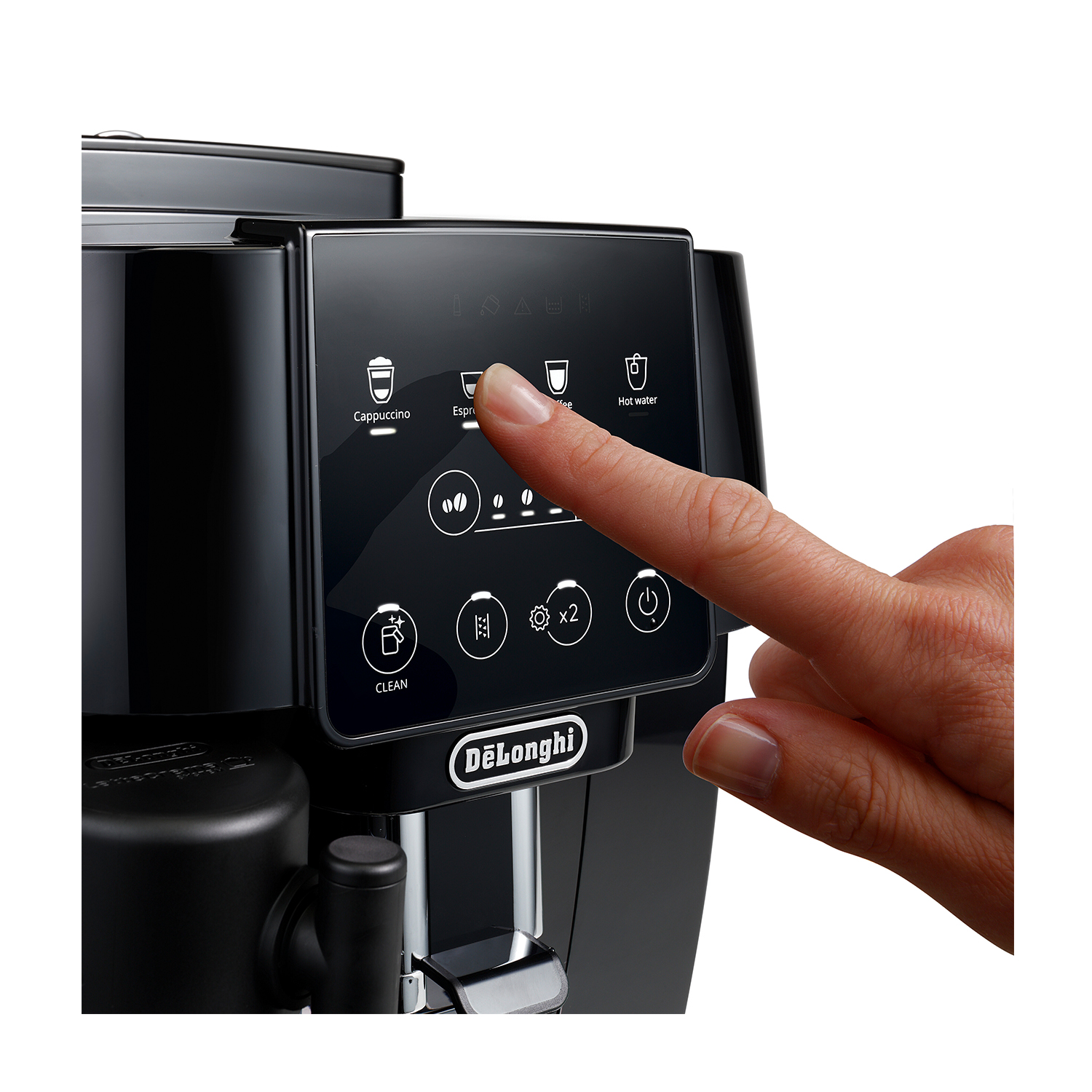 Un dito tocca lo schermo di una macchina da caffè DeLonghi.