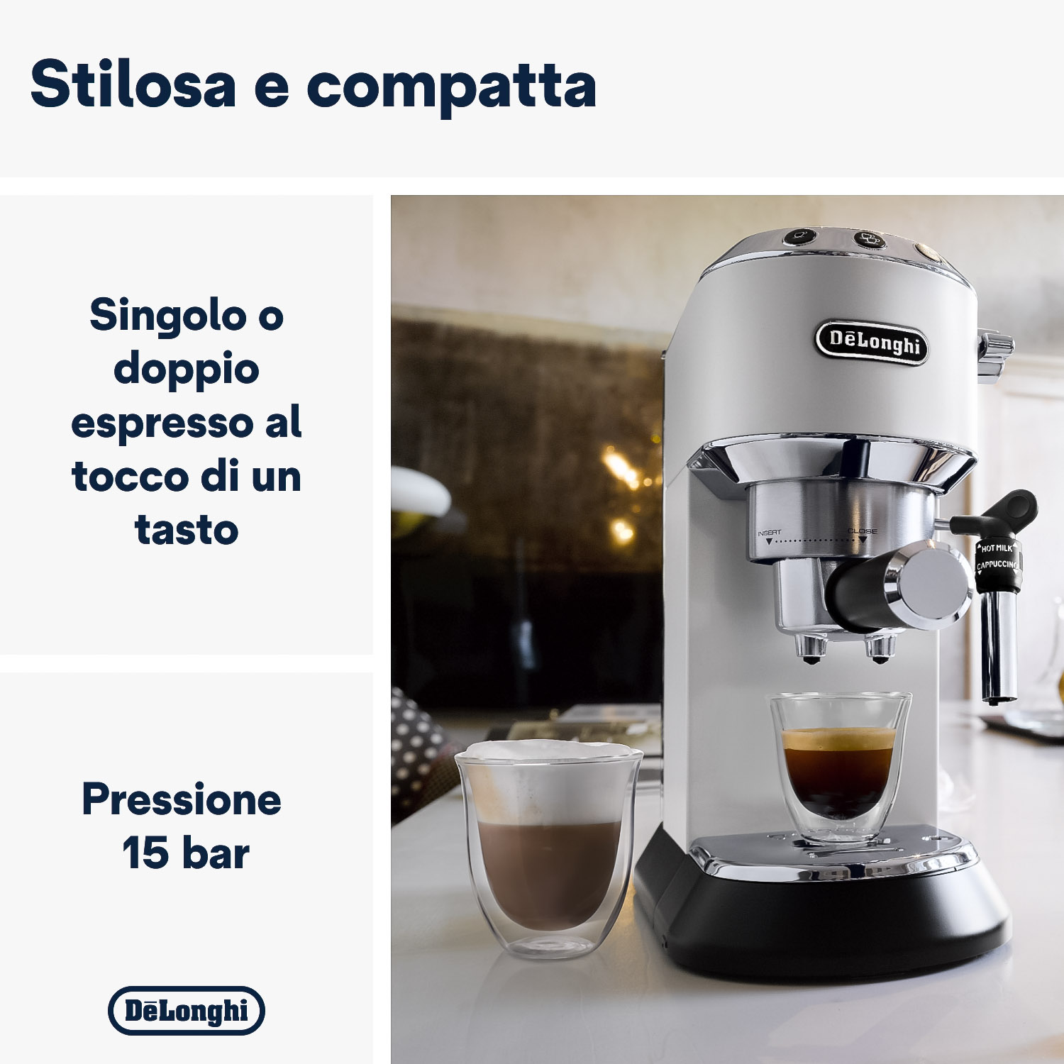 Macchina per espresso con due tazze. Testo indica espresso singolo/doppio.