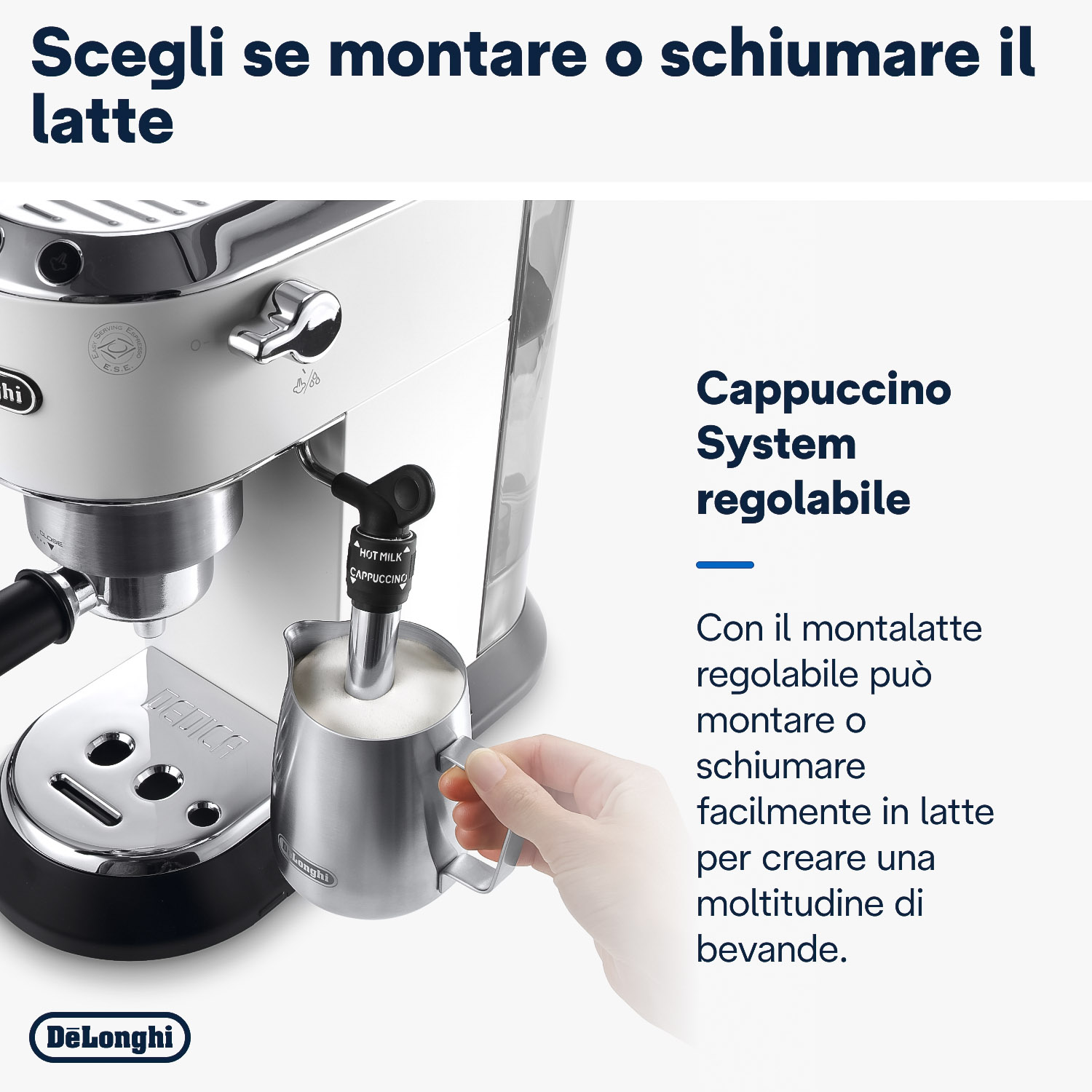 Una persona tiene un bricco del latte vicino a una macchina da caffè, con testo sul sistema cappuccino.