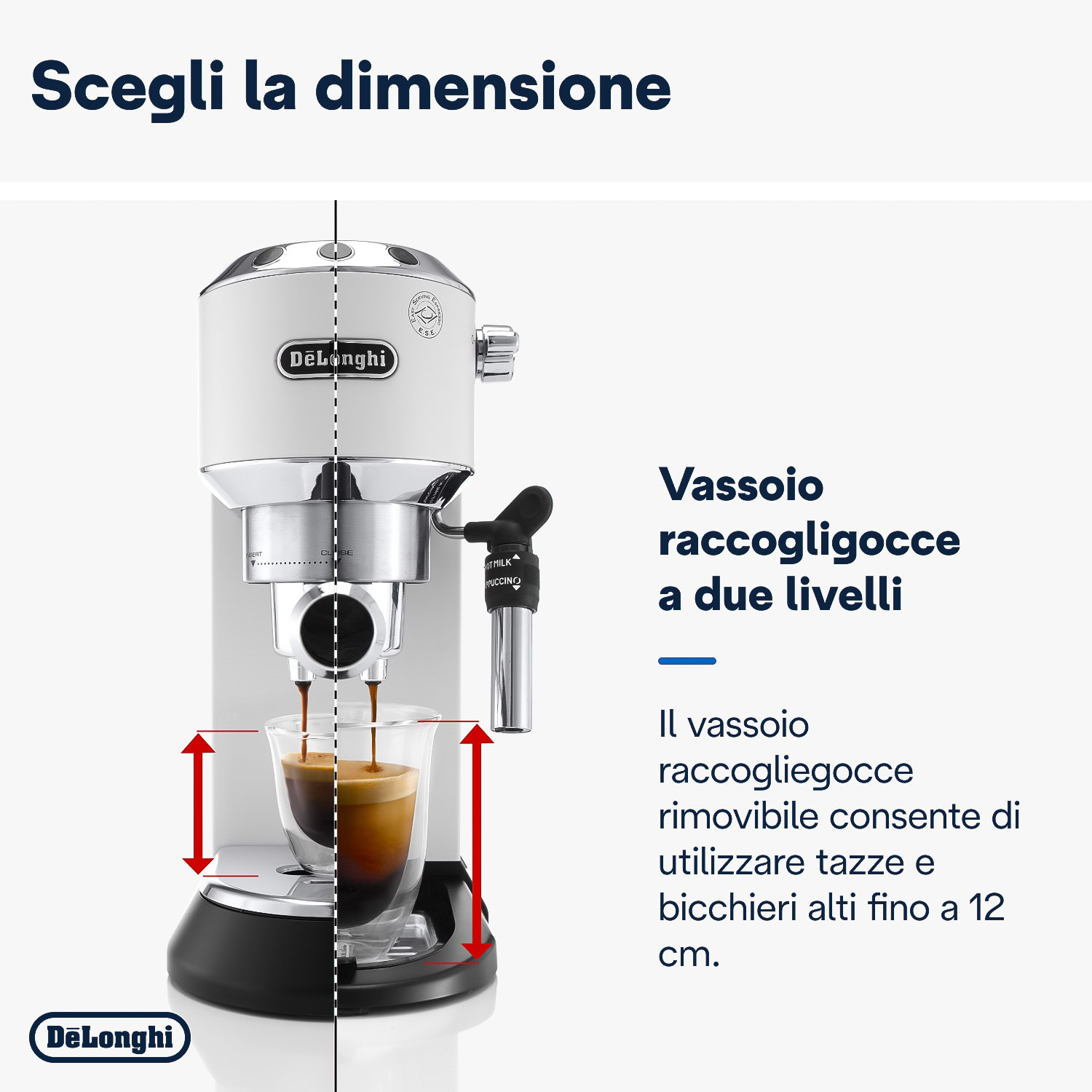Macchina da caffè bianca con una tazza di vetro riempita di caffè. Testo italiano a destra.