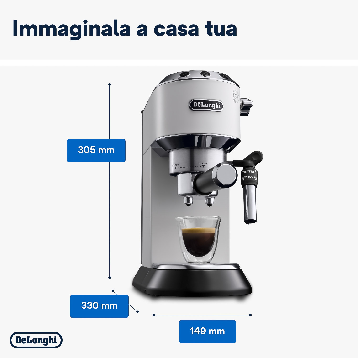Macchina per espresso De'Longhi bianca e argento con dimensioni etichettate.