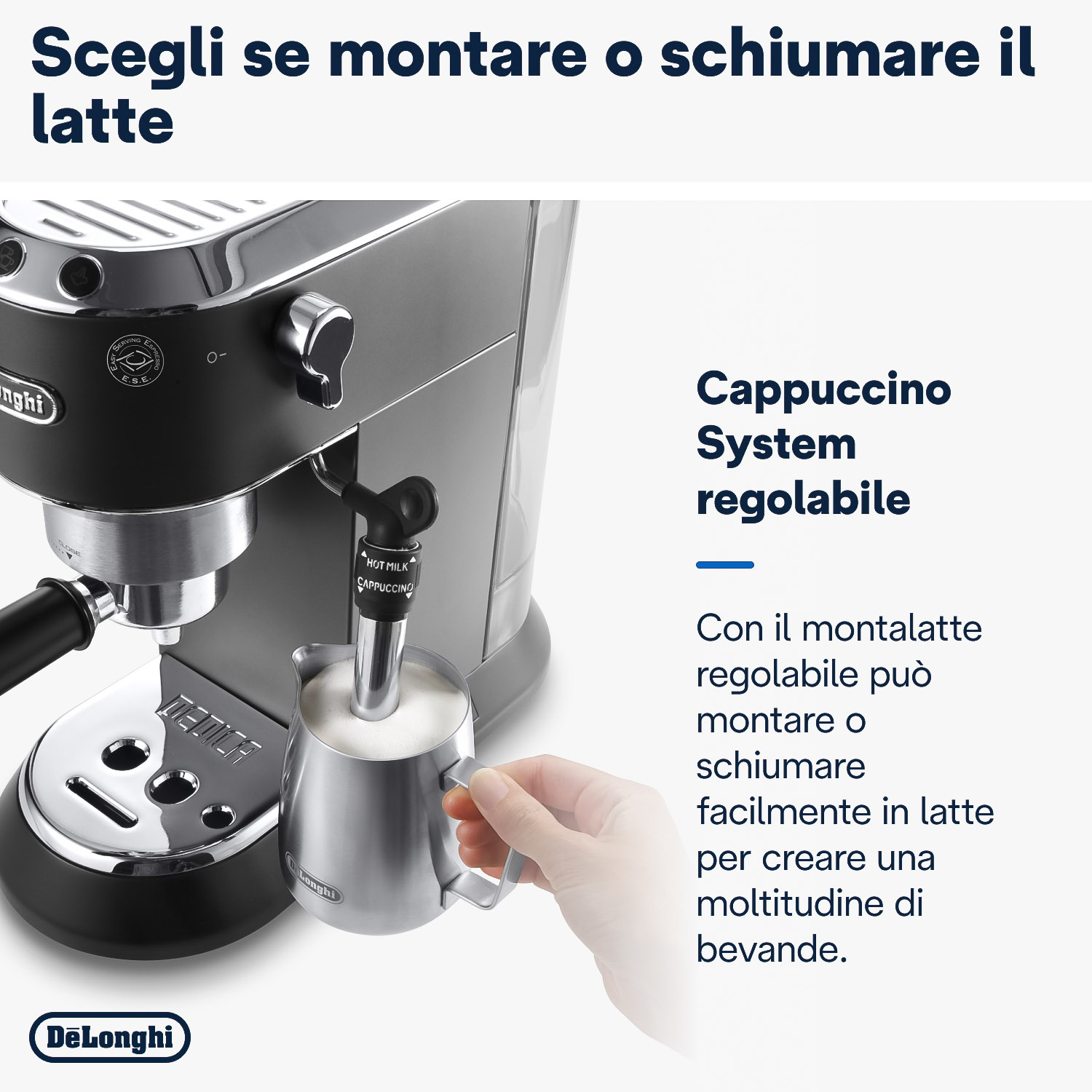 Macchina da caffè con montalatte. Testo: 'Sistema Cappuccino regolabile'.