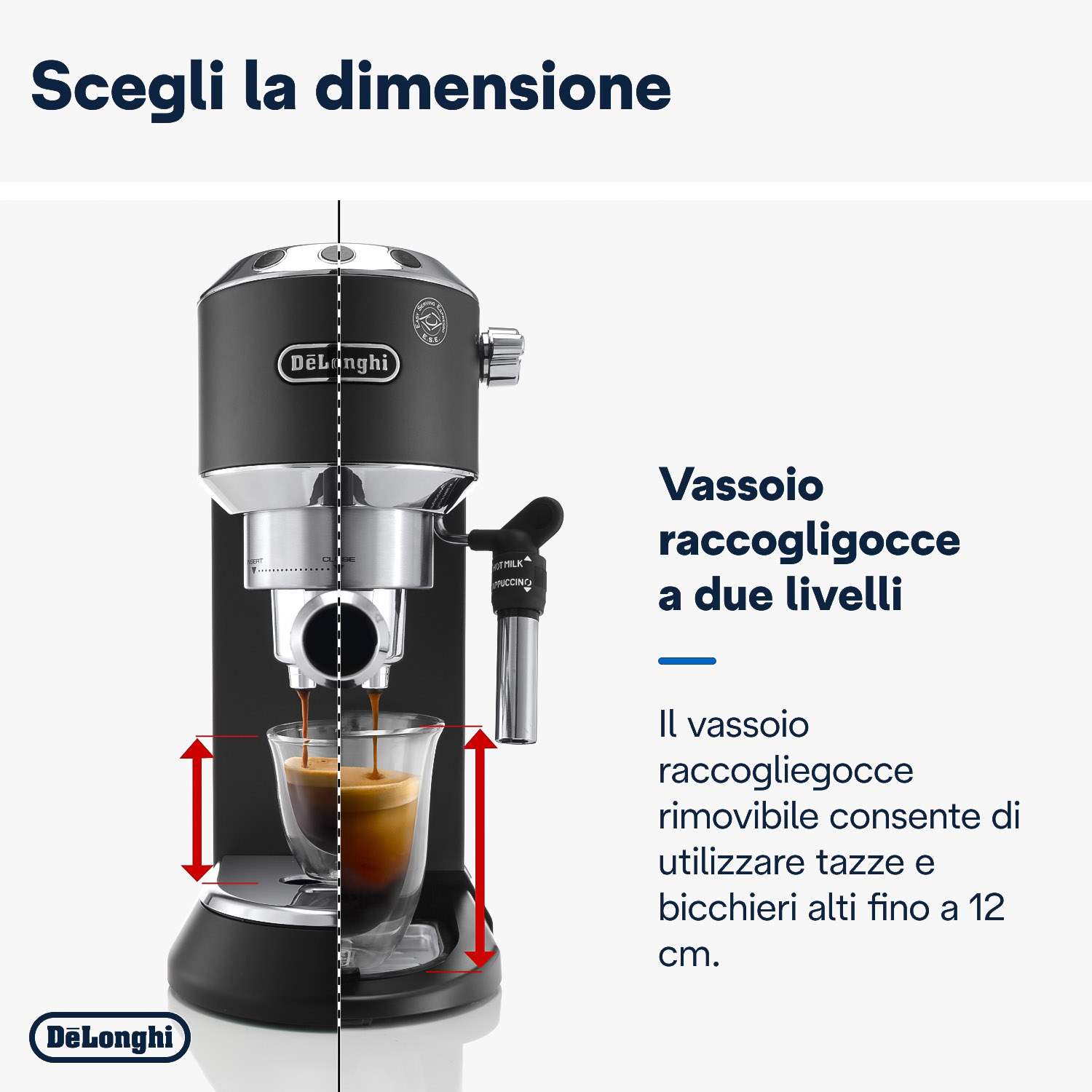 Macchina per espresso con una tazza di vetro che si riempie. Testo: 'Scegli la dimensione'.
