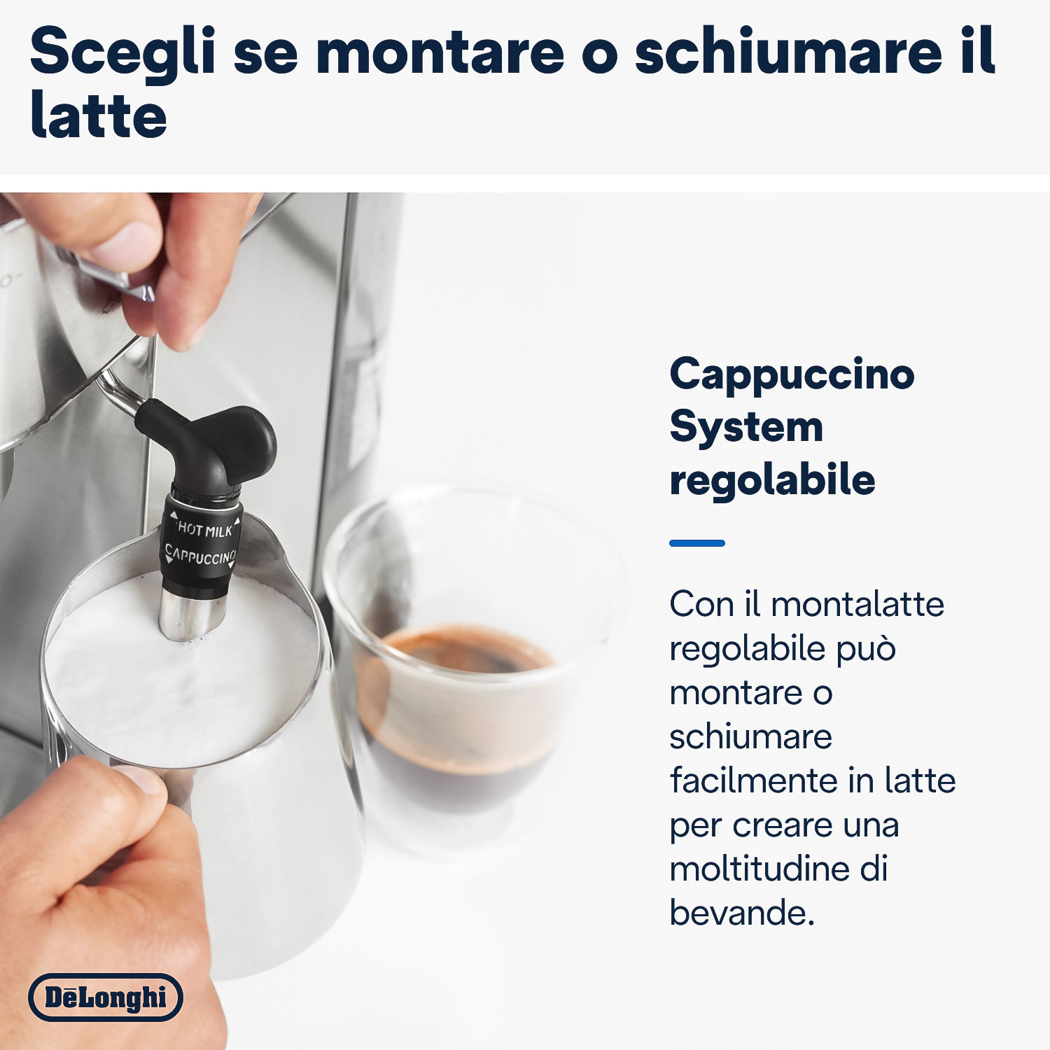 Una mano versa latte in una brocca di metallo. Accanto, un bicchiere con caffè. Testo: Cappuccino System.