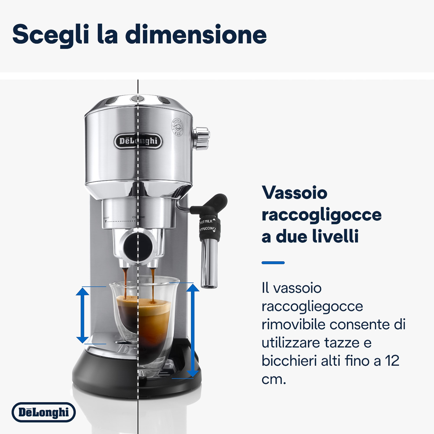 Una macchina da caffè e testo che descrive il vassoio antigoccia rimovibile.