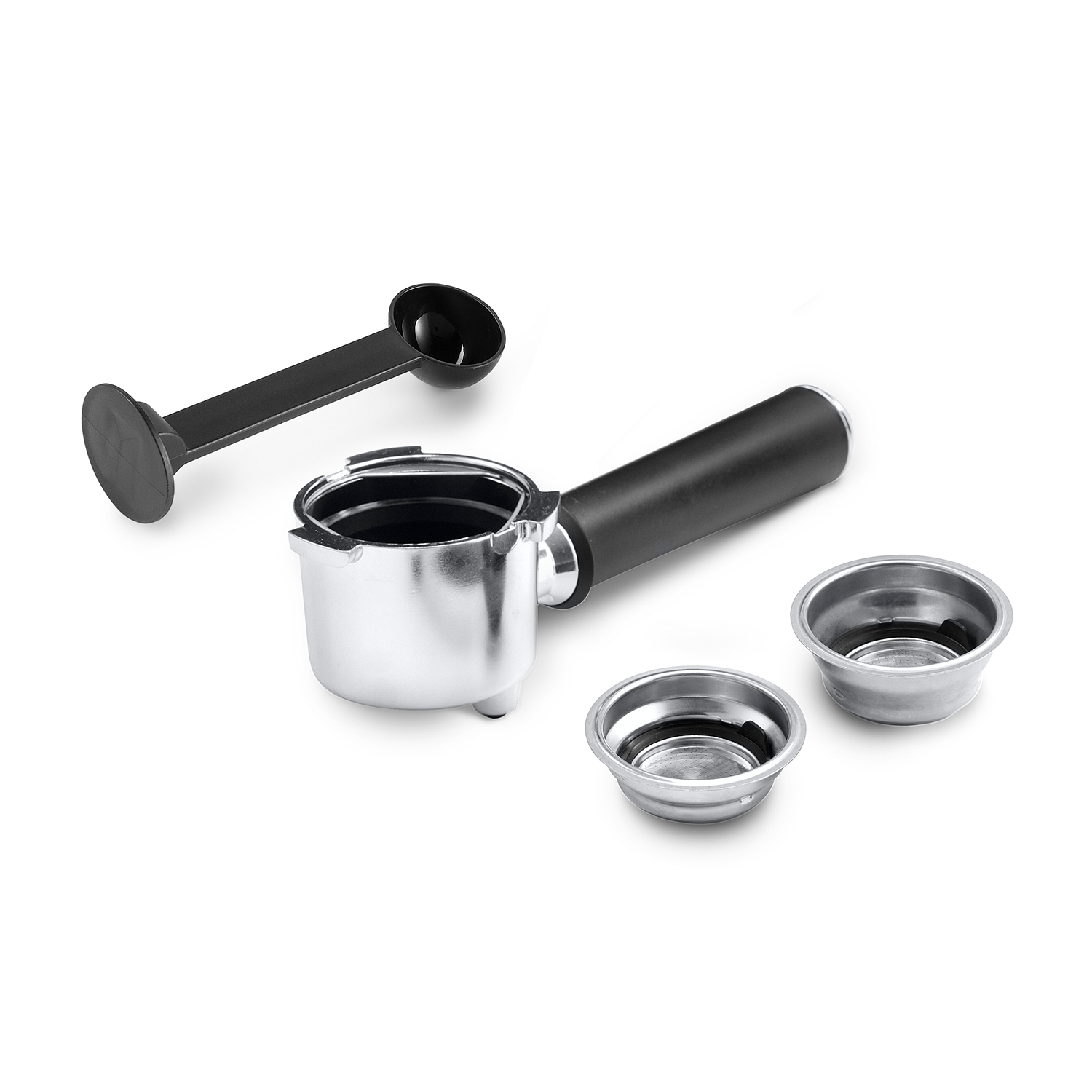 Portafiltro per macchina espresso con due cestelli filtro e un tamper.