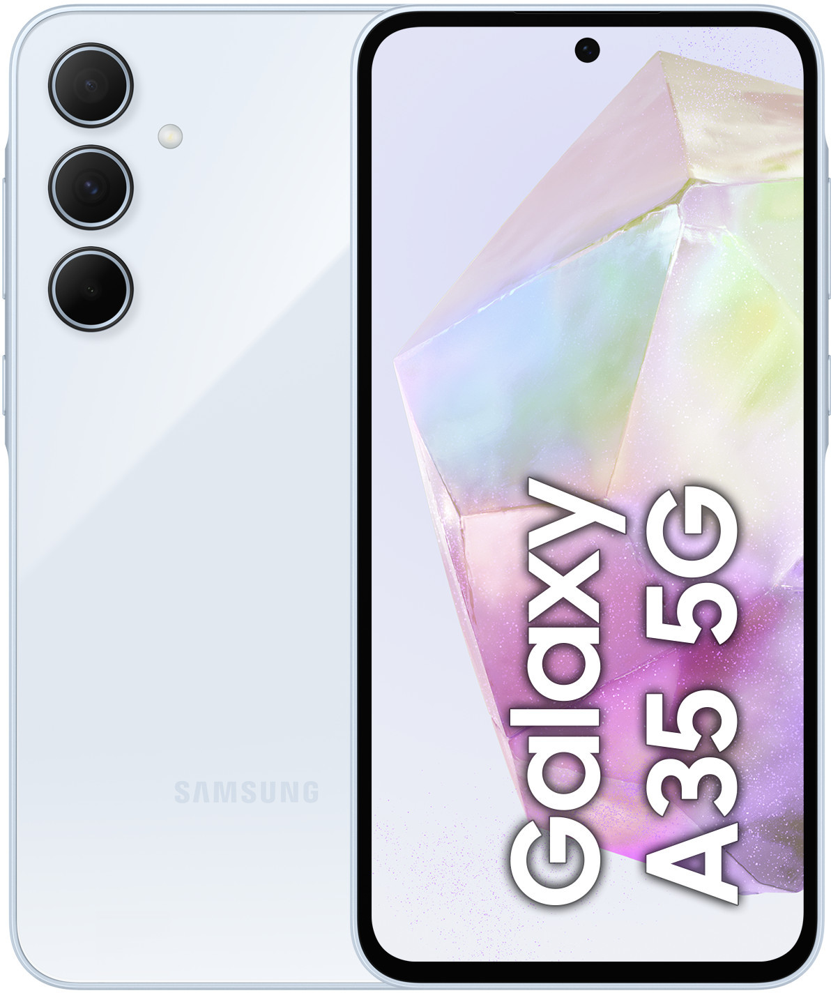 Biało-niebieski smartfon Samsung Galaxy A35 5G. Telefon ma trzy aparaty i wyświetlacz.