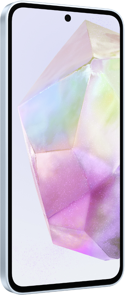 Jasnoniebieski telefon z krystalicznym wzorem na ekranie. Telefon w profilu.