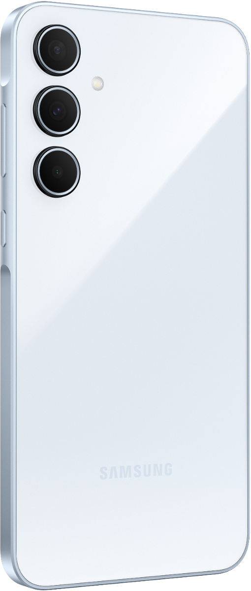 Biały smartfon z trzema tylnymi aparatami. Logo Samsung widoczne na dole.