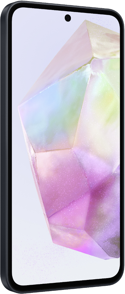 Czarny smartfon z unikalnym, abstrakcyjnym wzorem na ekranie.