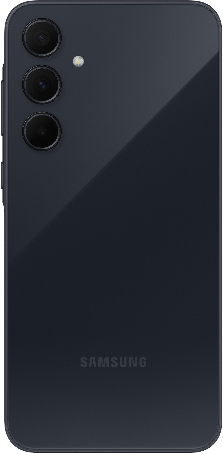 Tył ciemnoniebieskiego telefonu Samsung. Widoczne trzy obiektywy aparatu i logo Samsung.