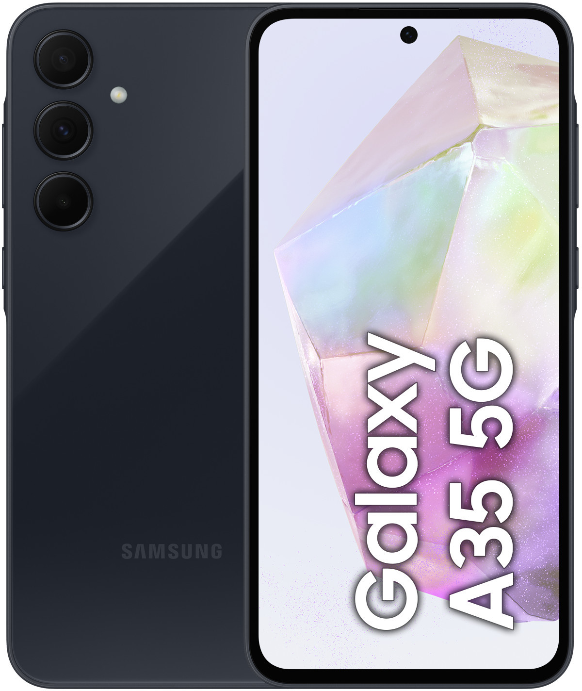 Telefon Samsung Galaxy A35 5G, ciemnoniebieski, z wieloma aparatami. Biały ekran wyświetla grafikę.