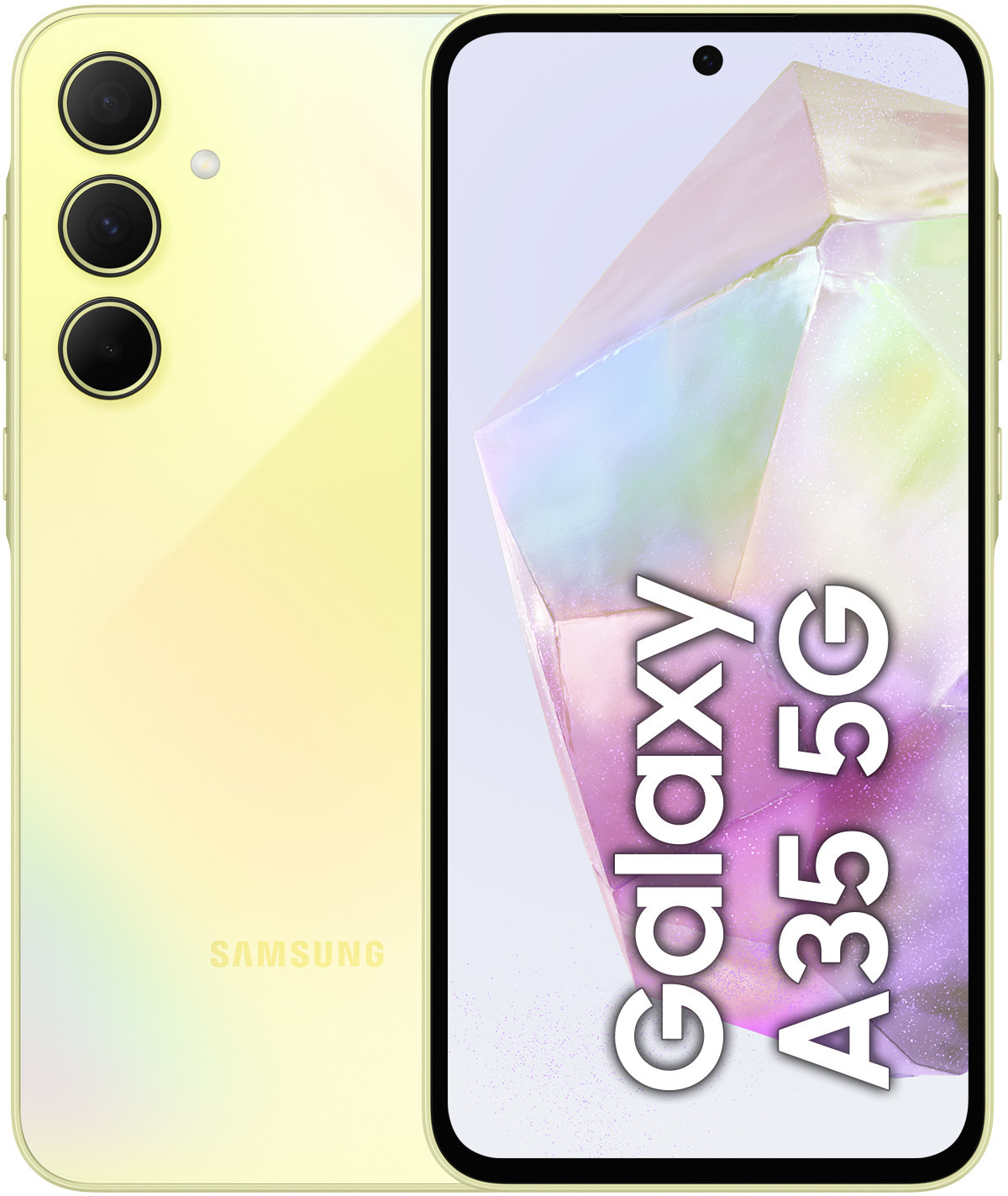 Żółty telefon Samsung Galaxy A35 5G, widok z przodu i z tyłu, z jasnym tłem.