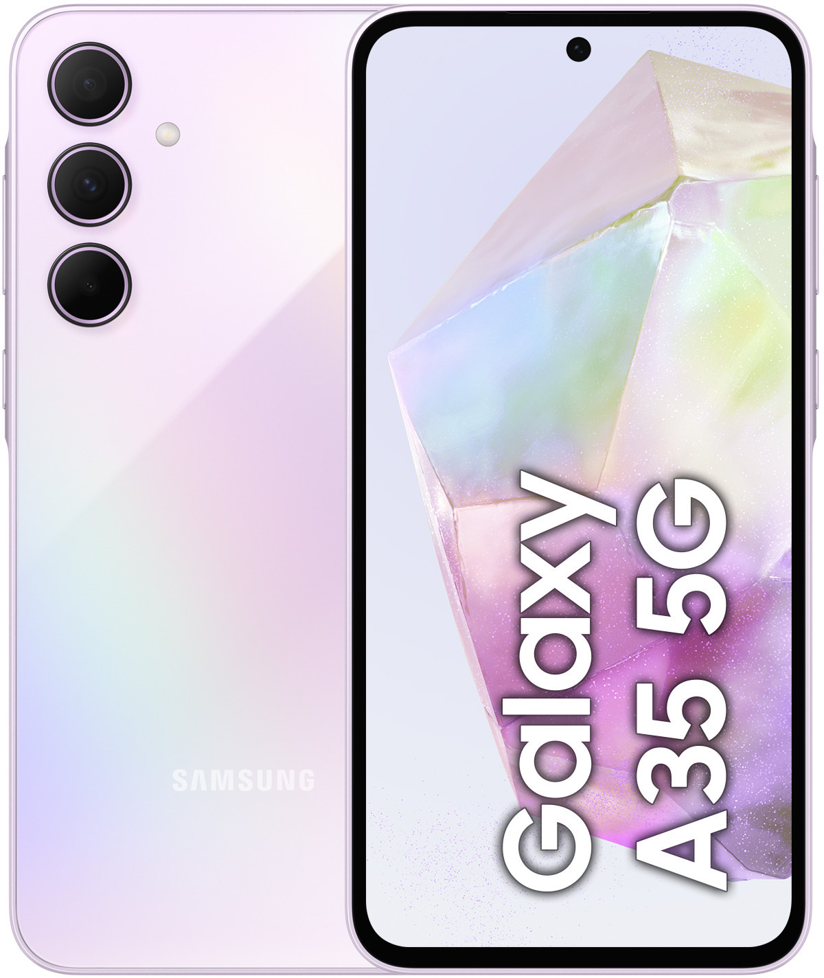 Różowy telefon Samsung Galaxy A35 5G. Potrójny aparat, przedni aparat i wyświetlacz na ekranie. Białe tło.