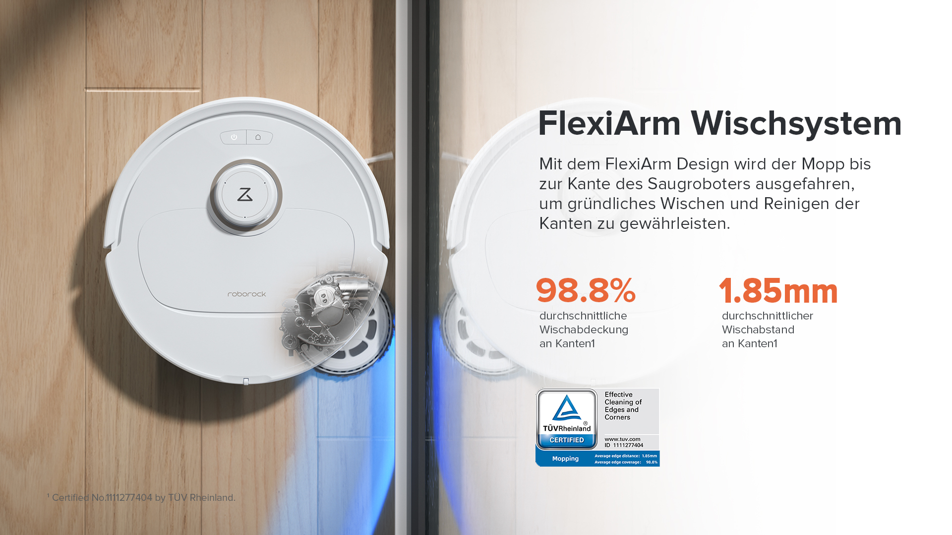 Roborock Staubsauger reinigt einen Holzboden. Text erklärt Kantensäuberung und Effizienz.
