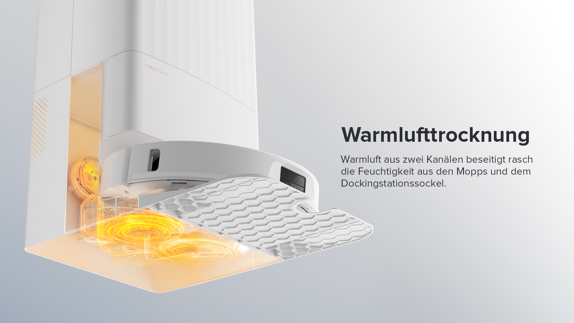 Ein Roboter-Staubsauger zeigt das Innere, mit dem Text 