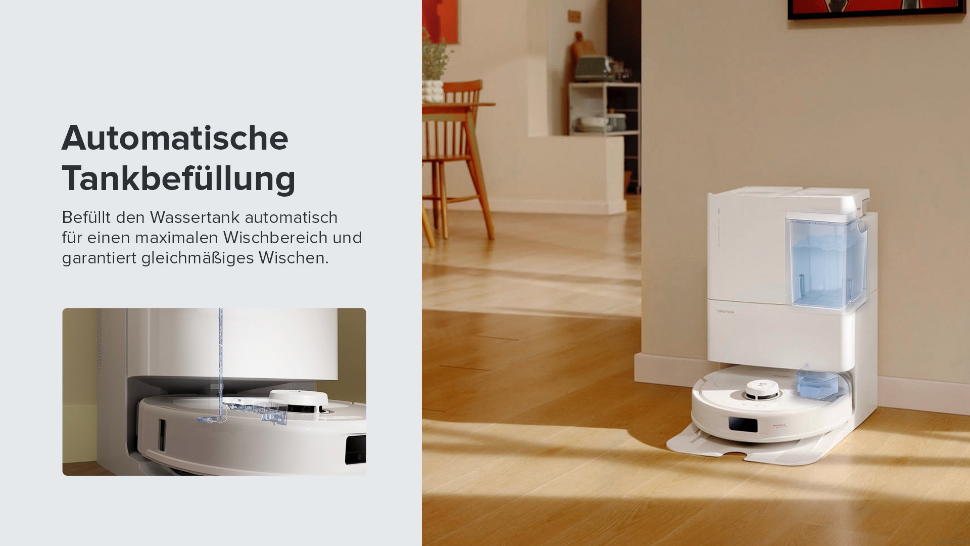 Roboter-Staubsauger, der seinen Wassertank von einer Station aus nachfüllt. Text: Automatische Tankbefüllung.