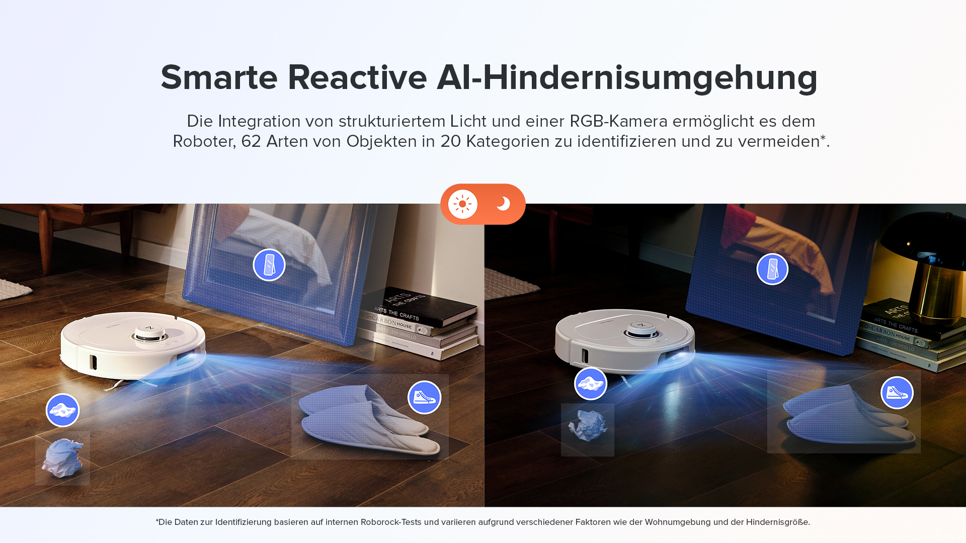Ein Roboter-Staubsauger umgeht Objekte wie Hausschuhe, Papier und einen Bilderrahmen und demonstriert so Hindernisvermeidung.