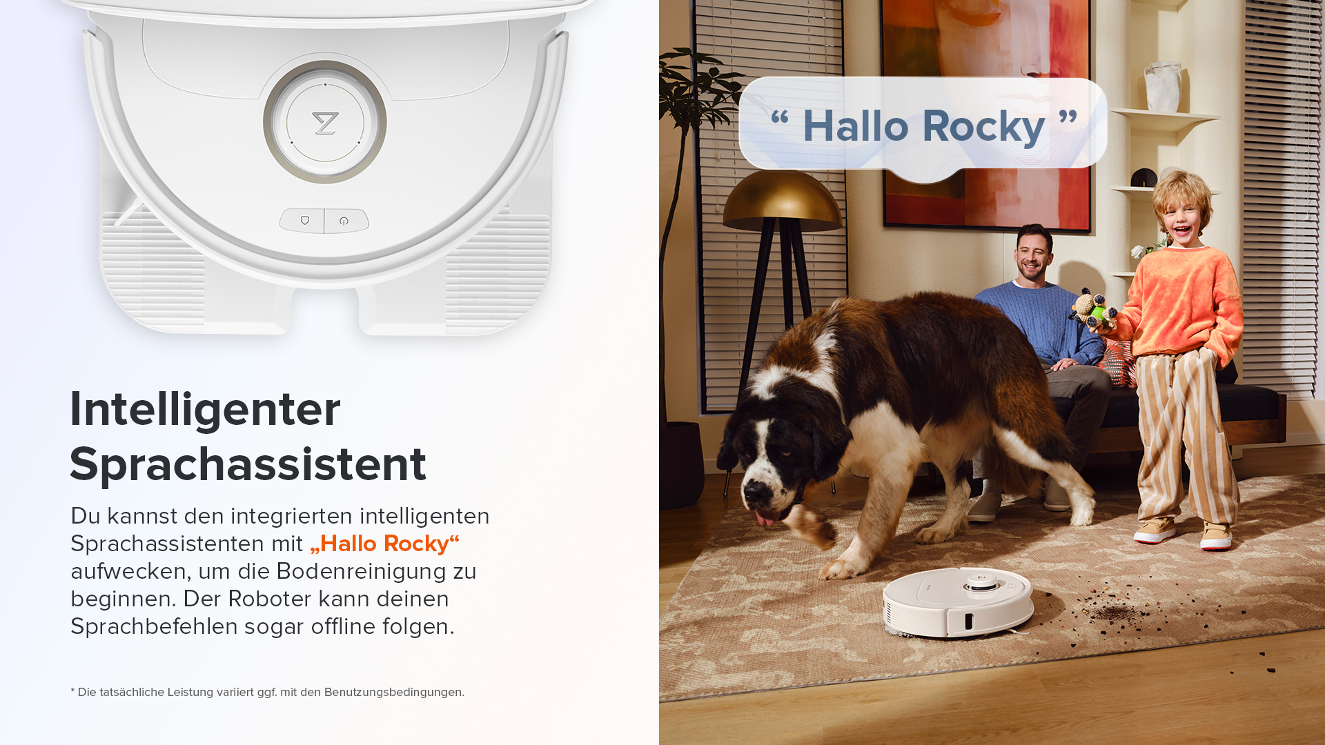 Roboter-Staubsauger, ein Junge und ein Hund in einem Wohnzimmer. Text: "Hallo Rocky".
