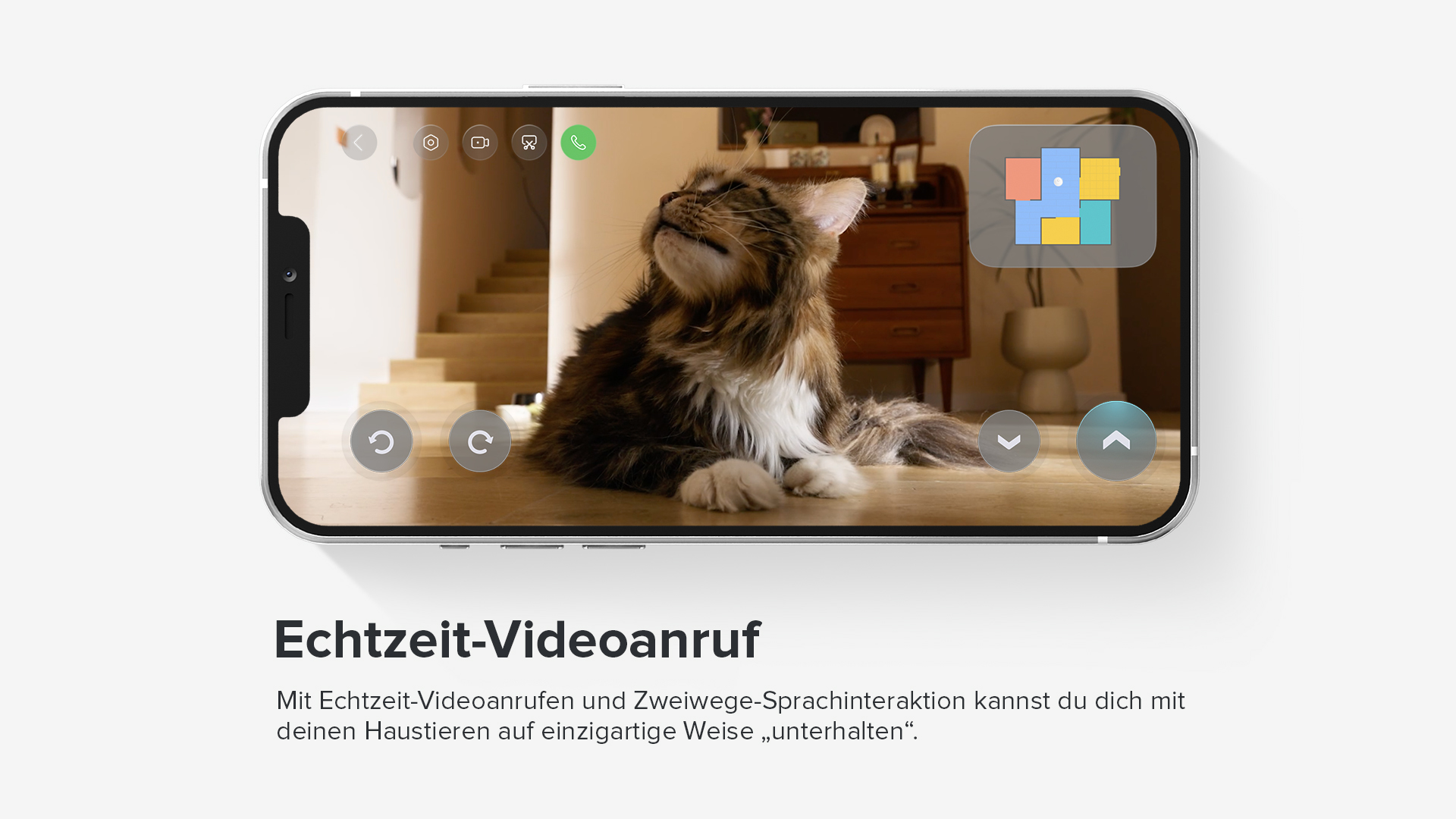 Ein Telefon zeigt eine Katze im Videoanruf. Oberflächensymbole sind auf dem Bildschirm.