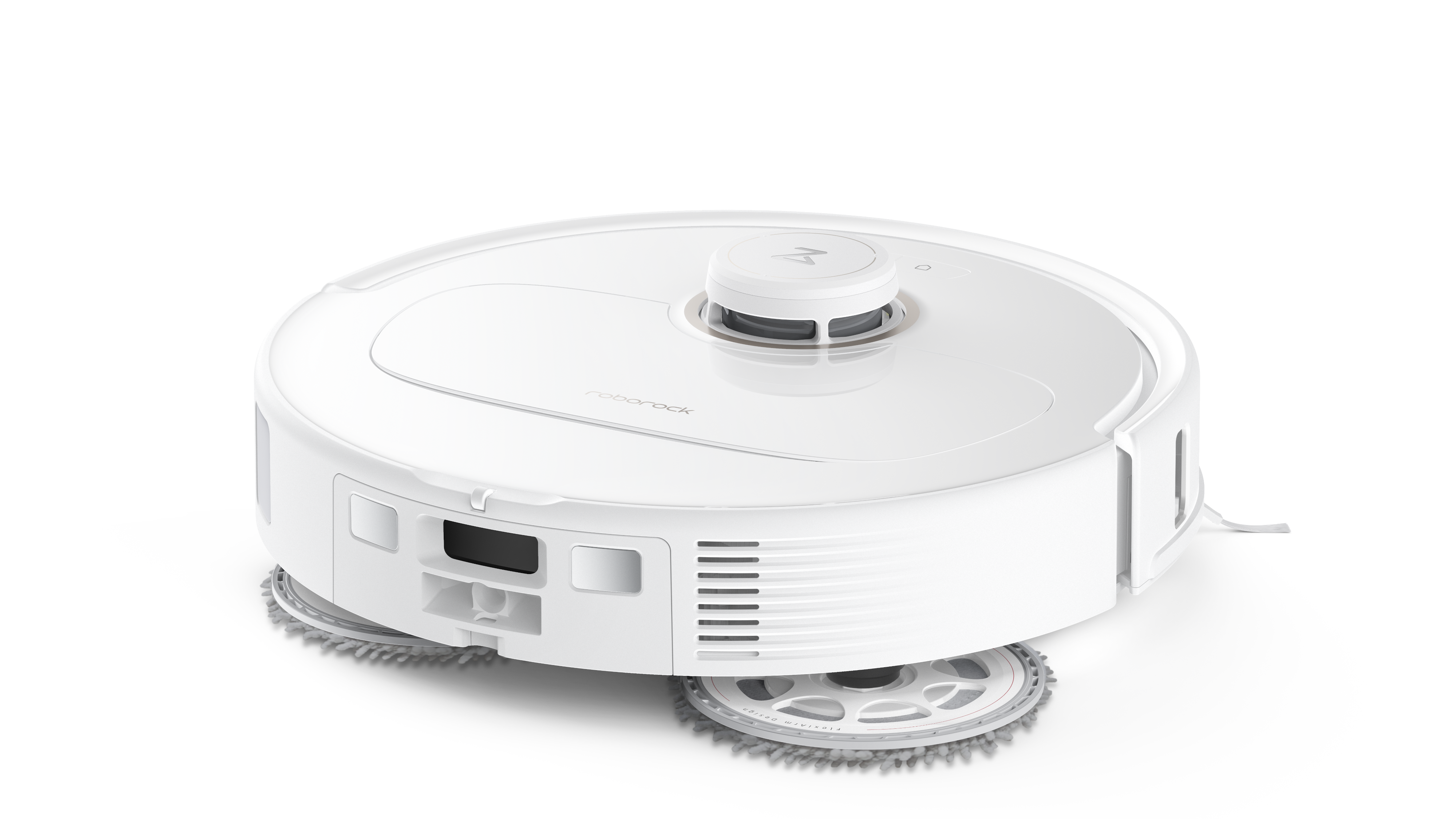 Weißer Roborock Roboter-Staubsauger auf weißer Oberfläche, schräge Ansicht.
