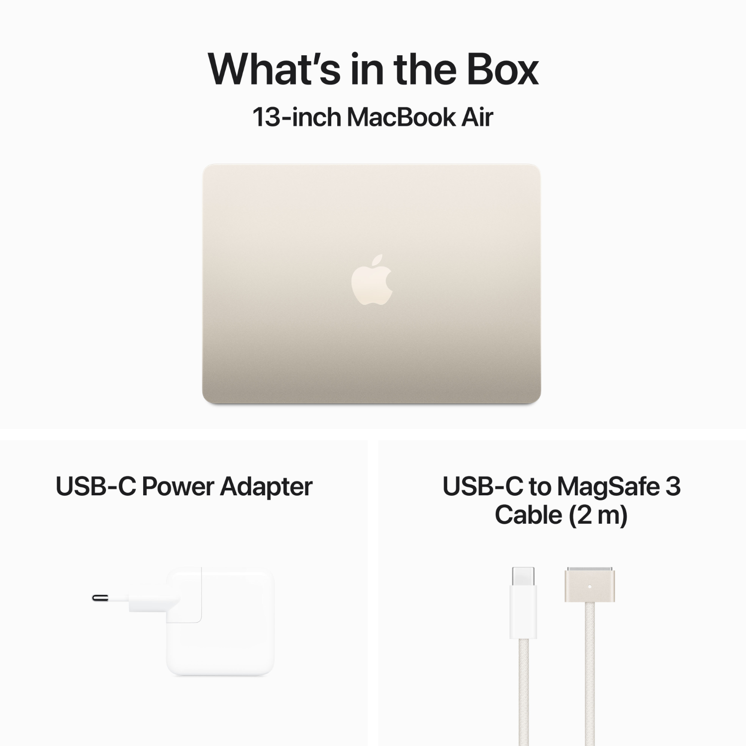 Adaptateur secteur blanc, câble USB-C et ordinateur portable sur fond blanc. Texte : Contenu.