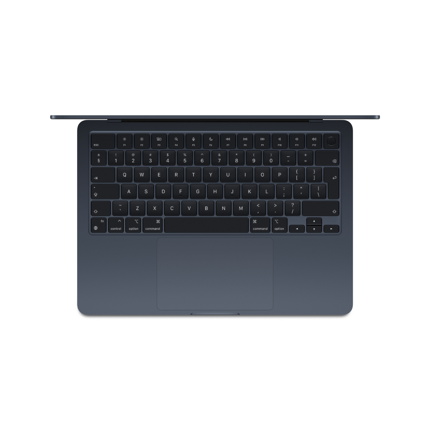 Vue de dessus d'un clavier d'ordinateur portable, avec l'écran ouvert. Les touches sont bleu foncé.