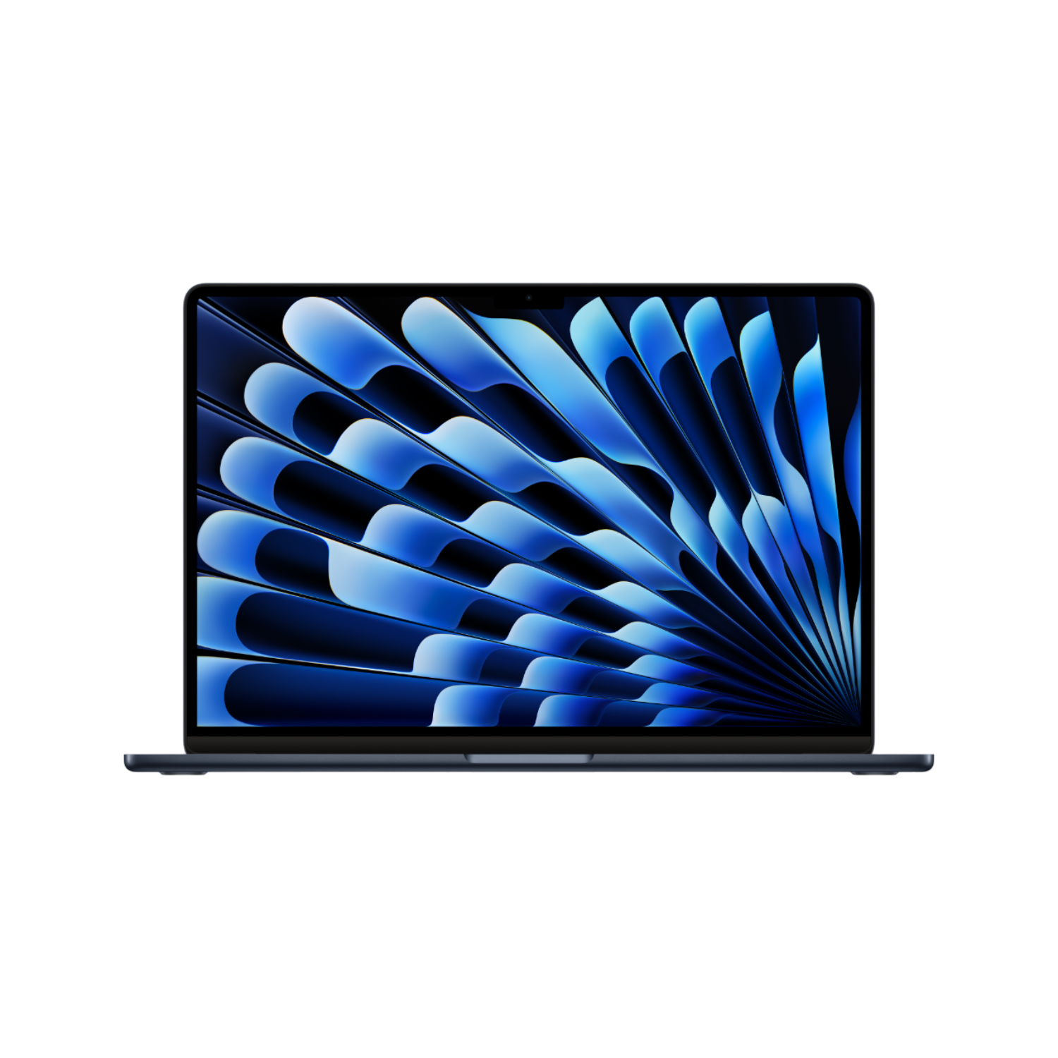 Een laptop met een blauw scherm op een zwarte achtergrond.