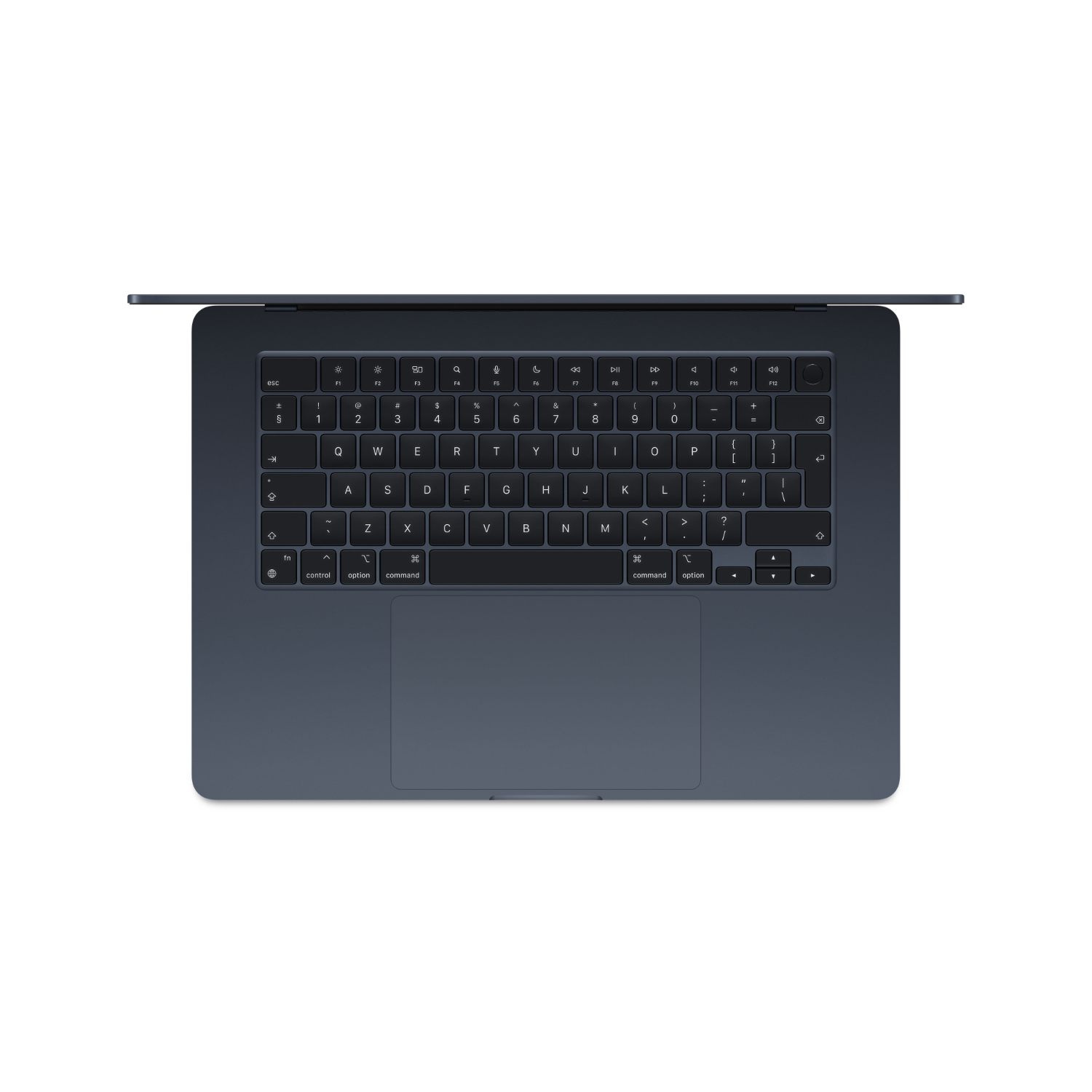 Overzicht van een laptoptoetsenbord. Het heeft een donkerblauwe kleur.