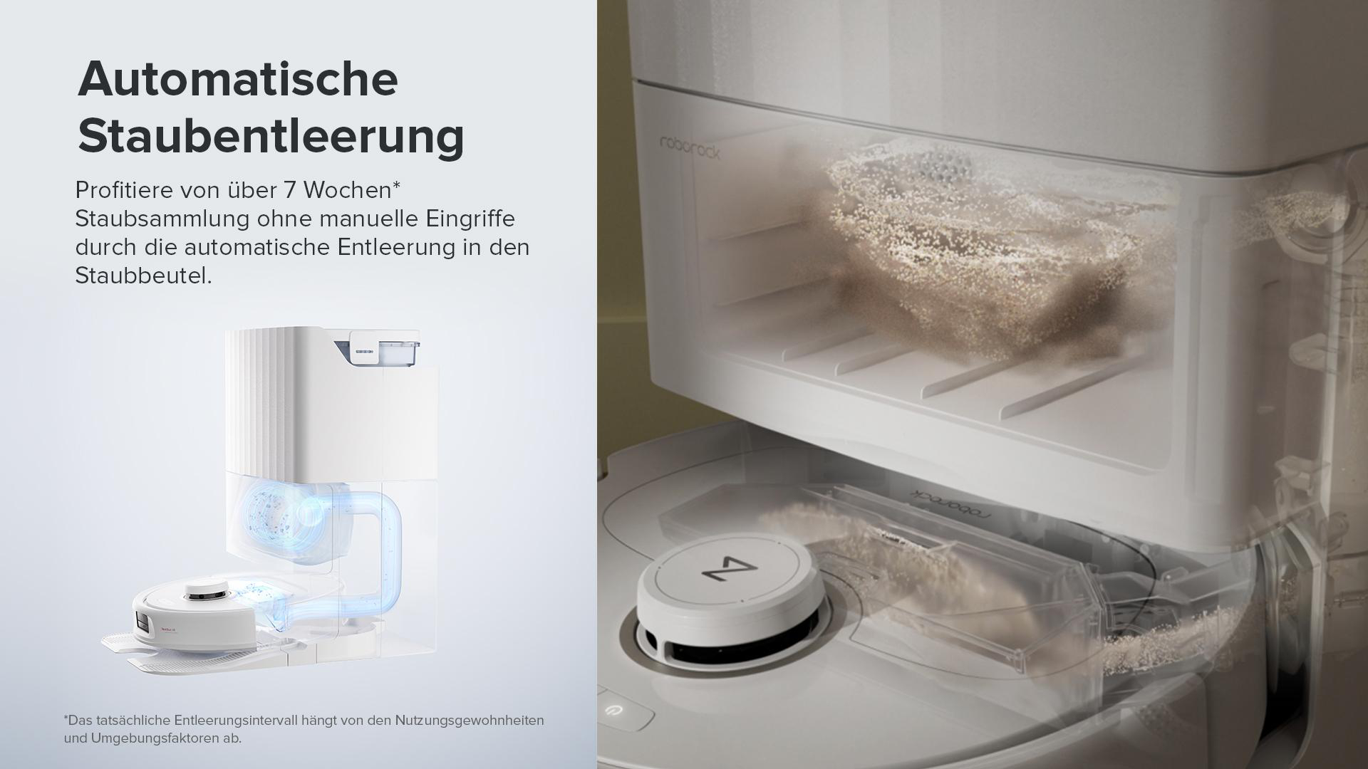Robotischer Staubsauger entleert Staub. Text sagt: 'Automatische Staubentleerung'.