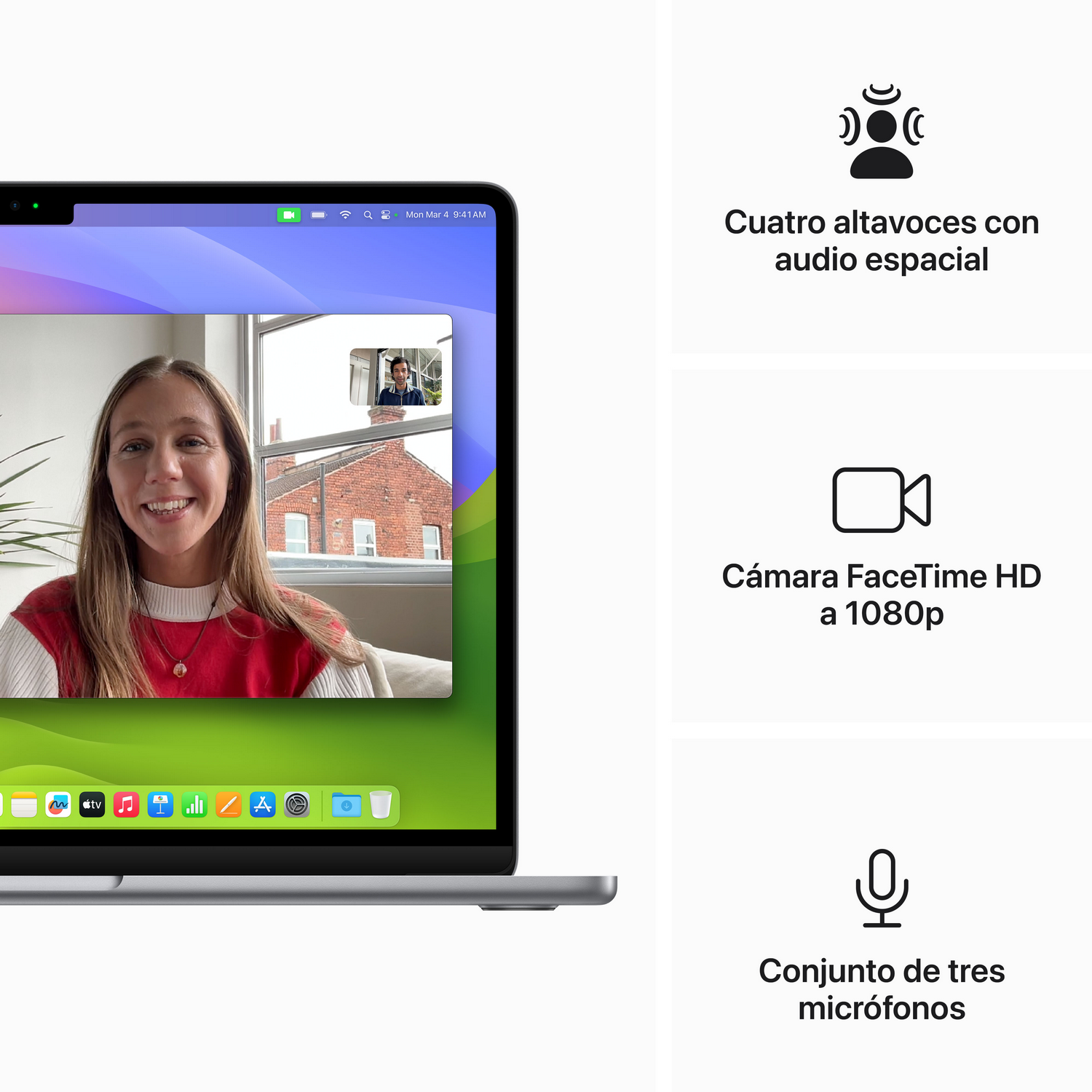 Una pantalla de portátil muestra una videollamada. Hay iconos y texto que describen sus funciones.