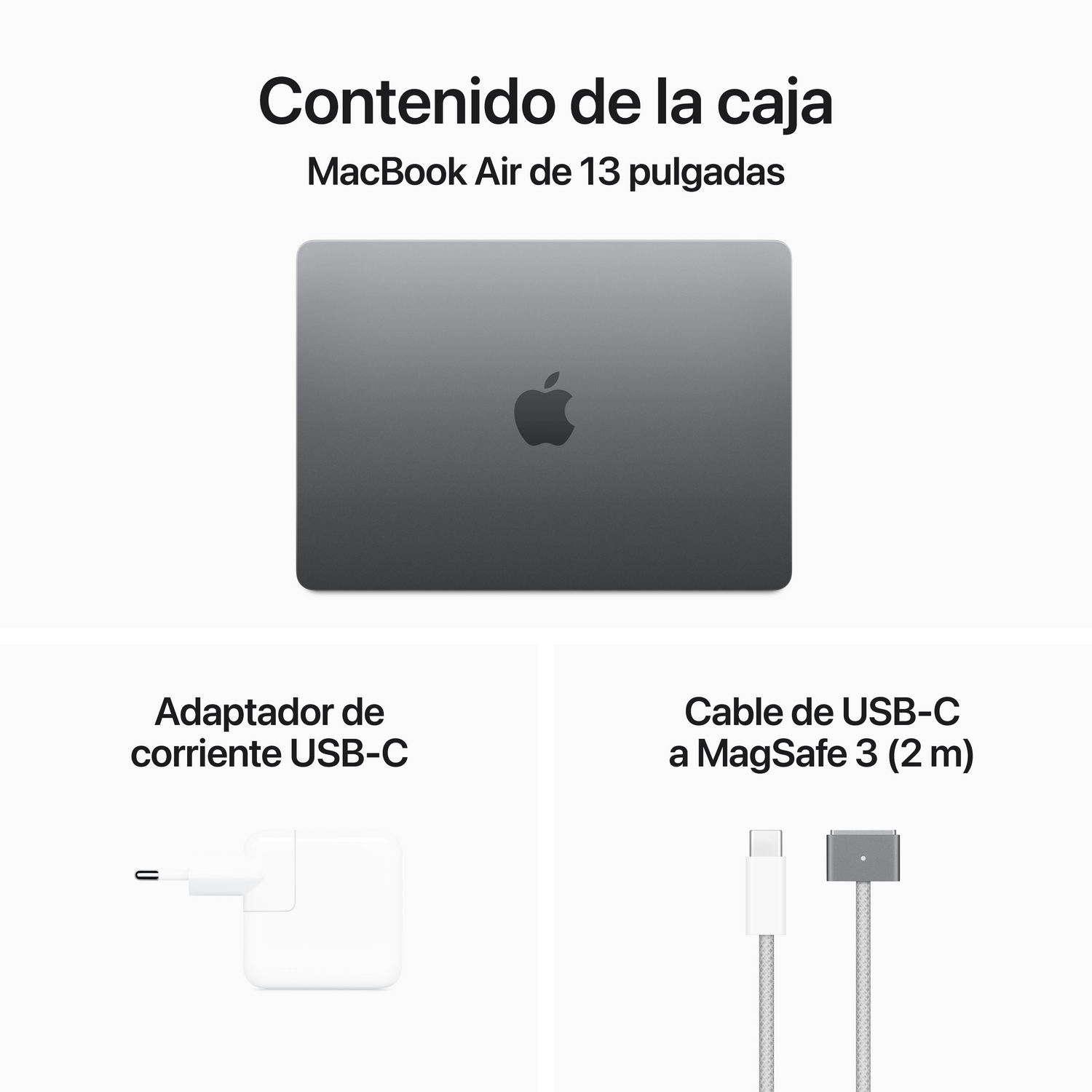 MacBook Air 13" con adaptador y cable USB-C a MagSafe 3, etiquetado en español.