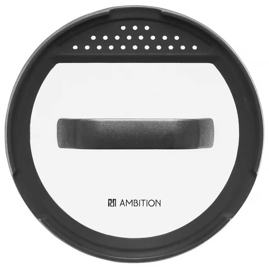 Czarna pokrywka garnka z uchwytem i przezroczystym środkiem.